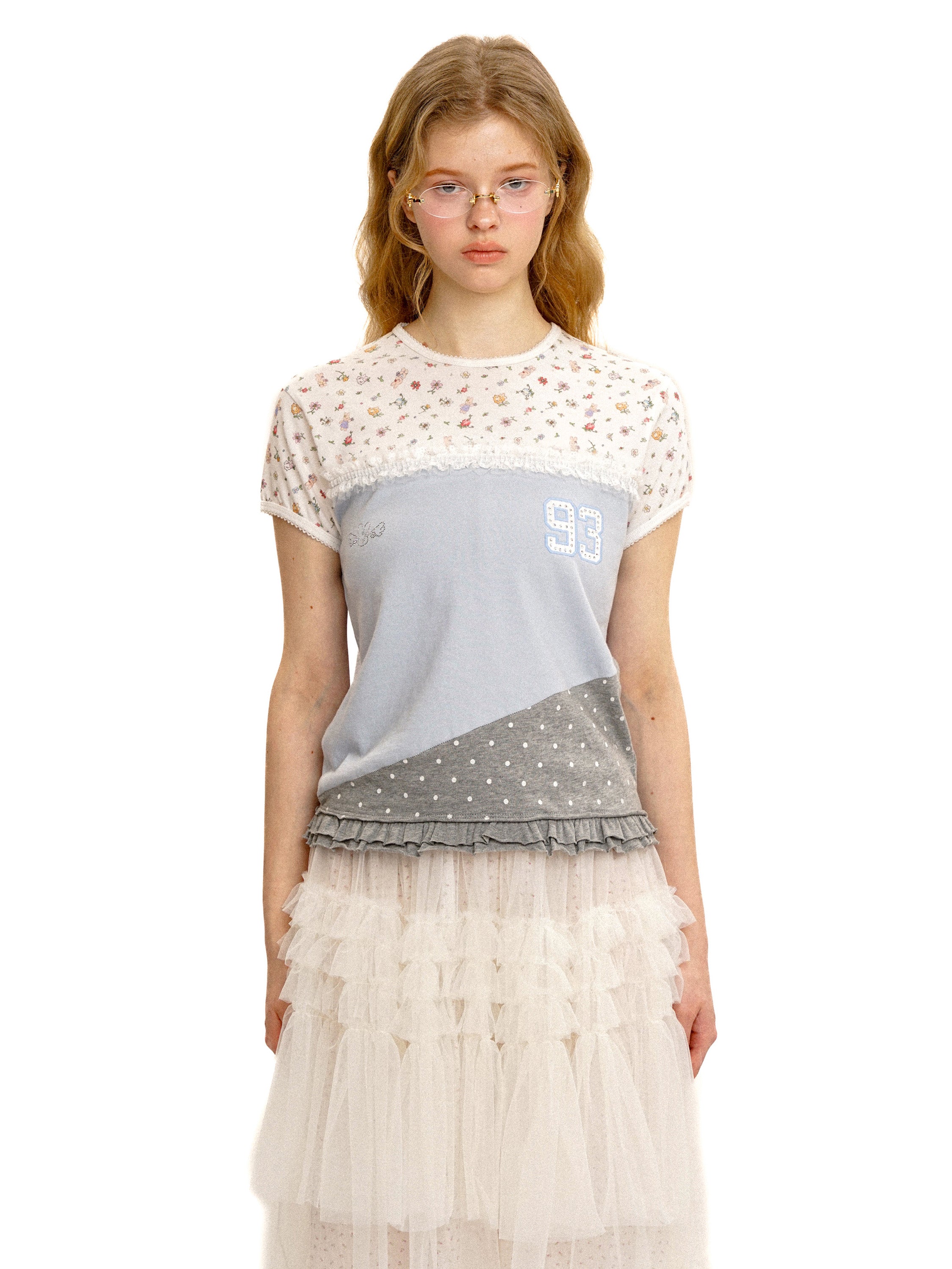 *Floral polka dot patchwork lace short T-shirt