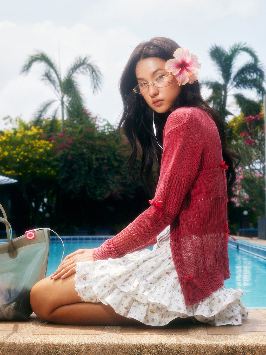 *Water mill hollow mesh bow cardigan