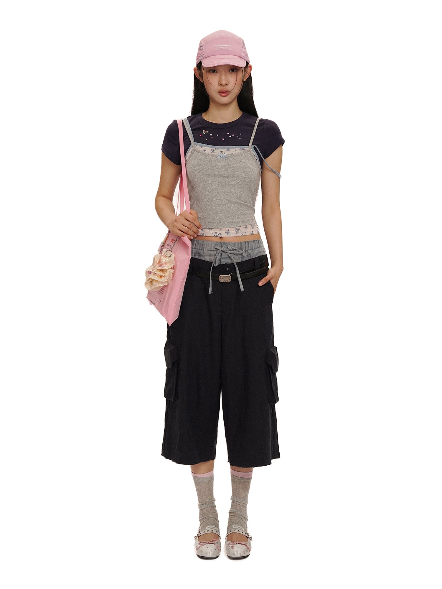 *Faux three-piece bow rhinestone short T-shirt
