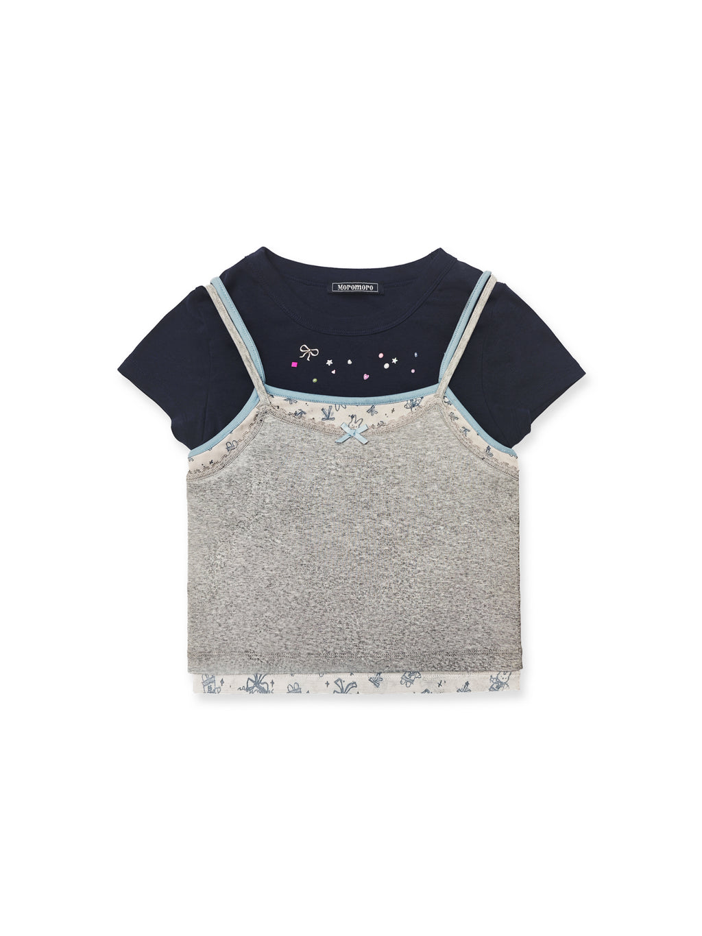 *Faux three-piece bow rhinestone short T-shirt