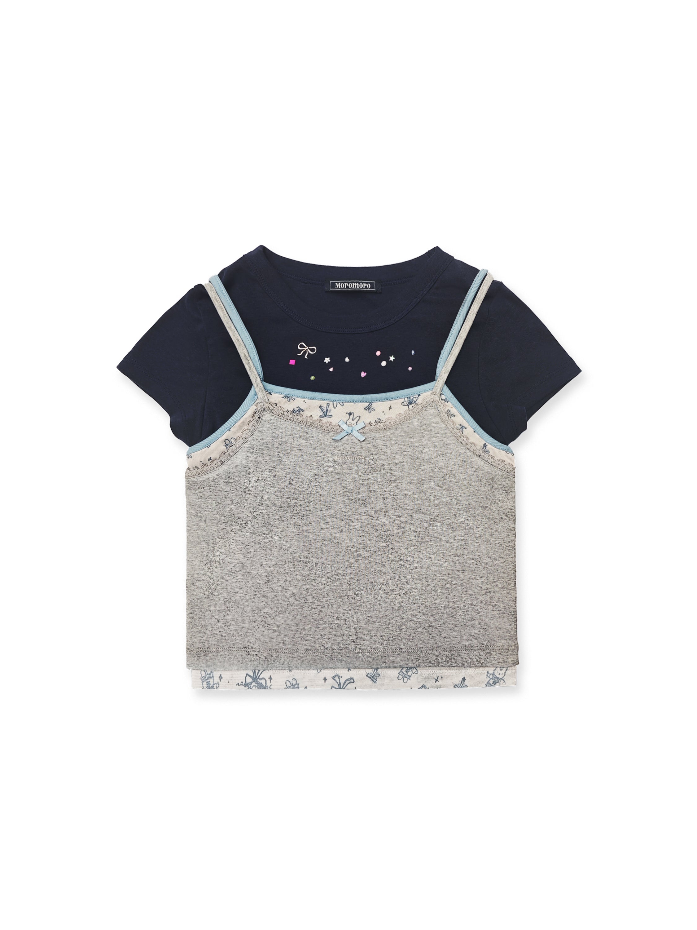 *Faux three-piece bow rhinestone short T-shirt
