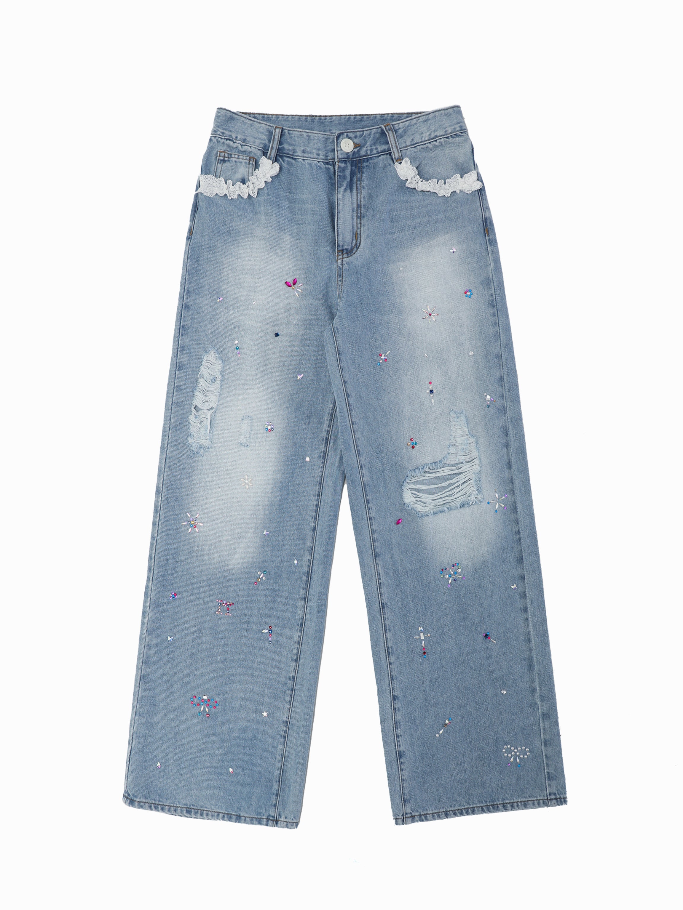 *Lace-trimmed rhinestone jeans