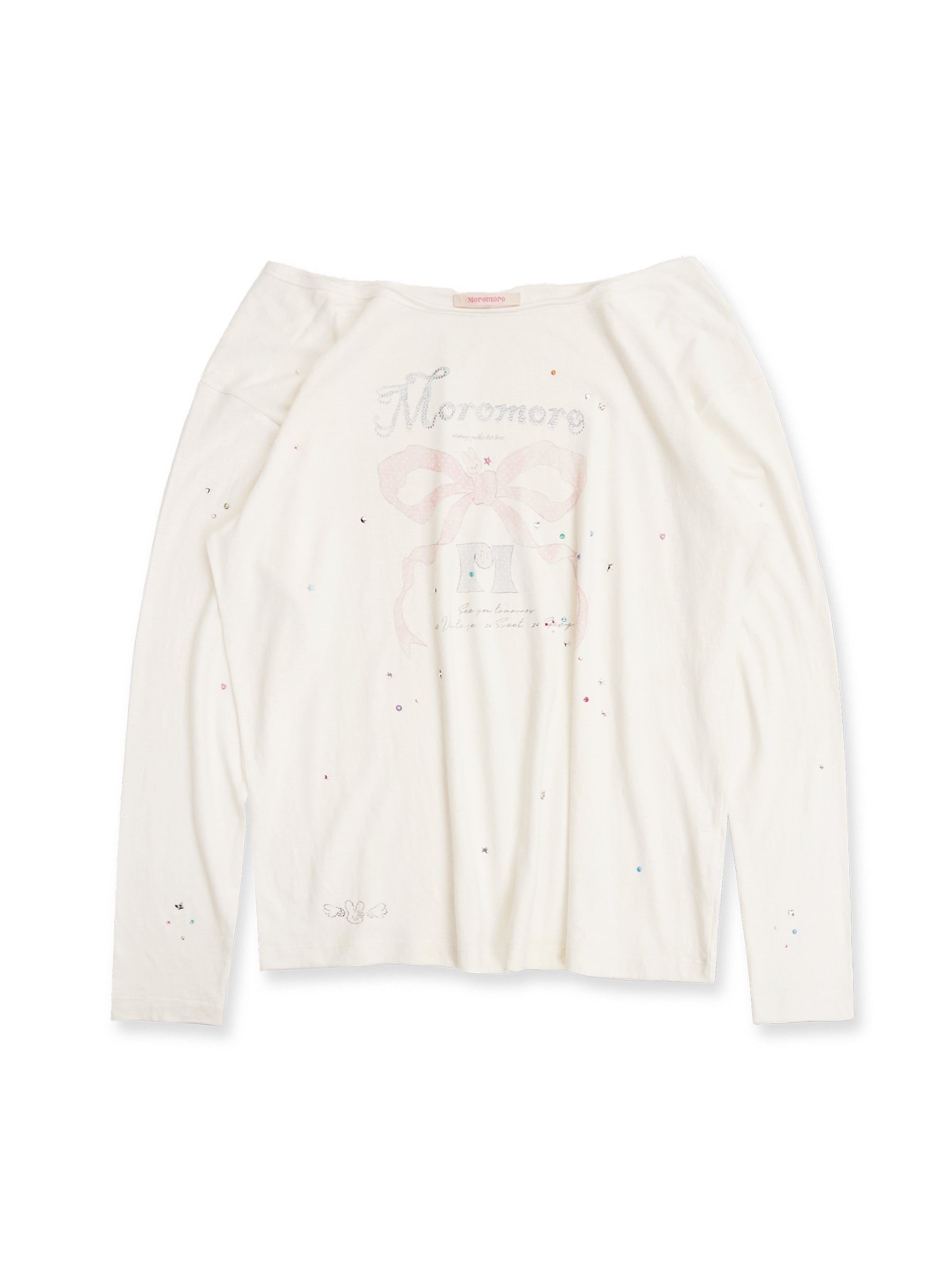 *Printed rhinestone off-shoulder long T-shirt