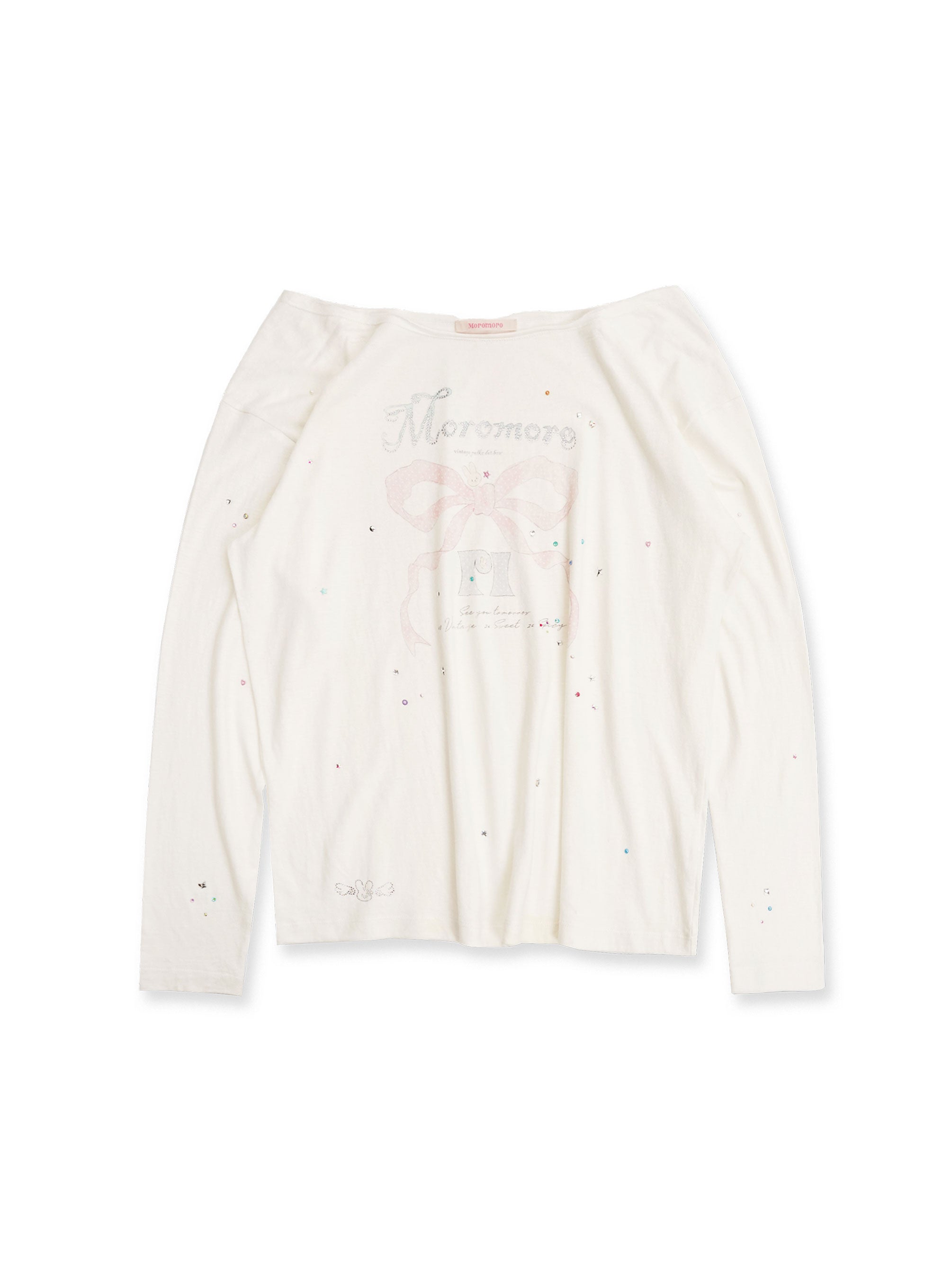 *Printed rhinestone off-shoulder long T-shirt