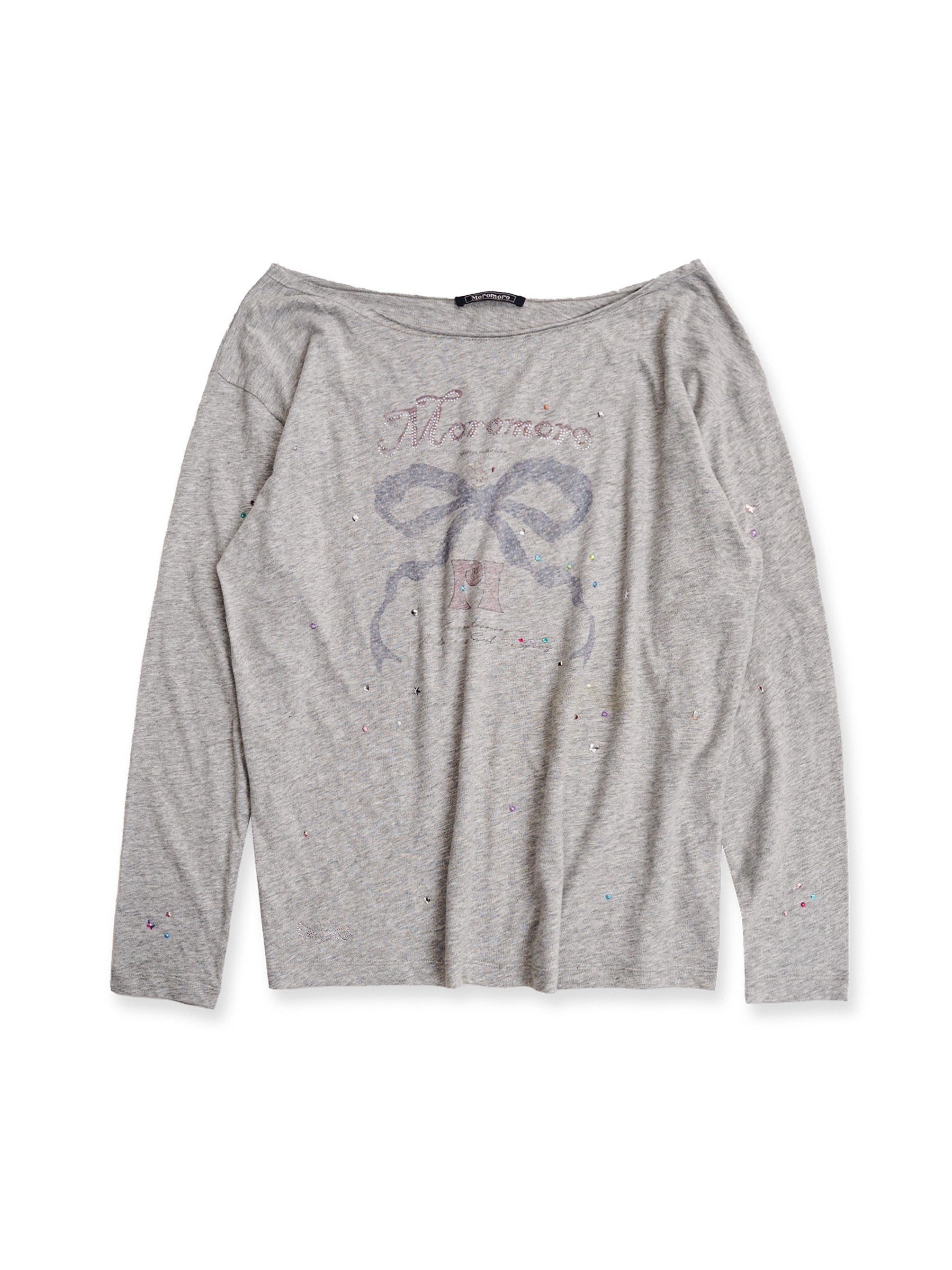 *Printed rhinestone off-shoulder long T-shirt