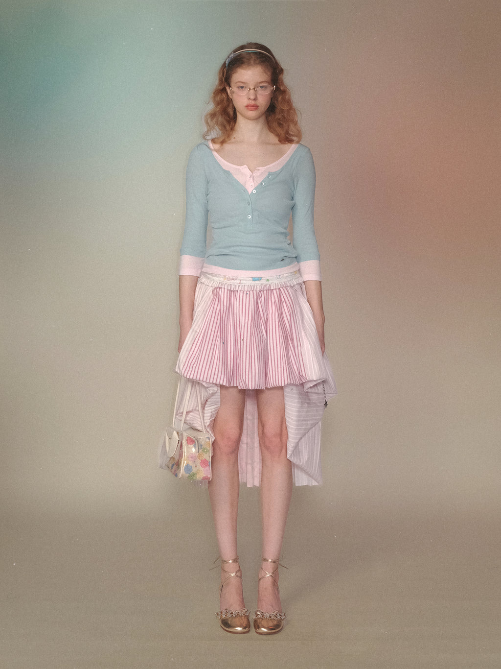 *Hand-painted elastic striped tulip pleated midi skirt