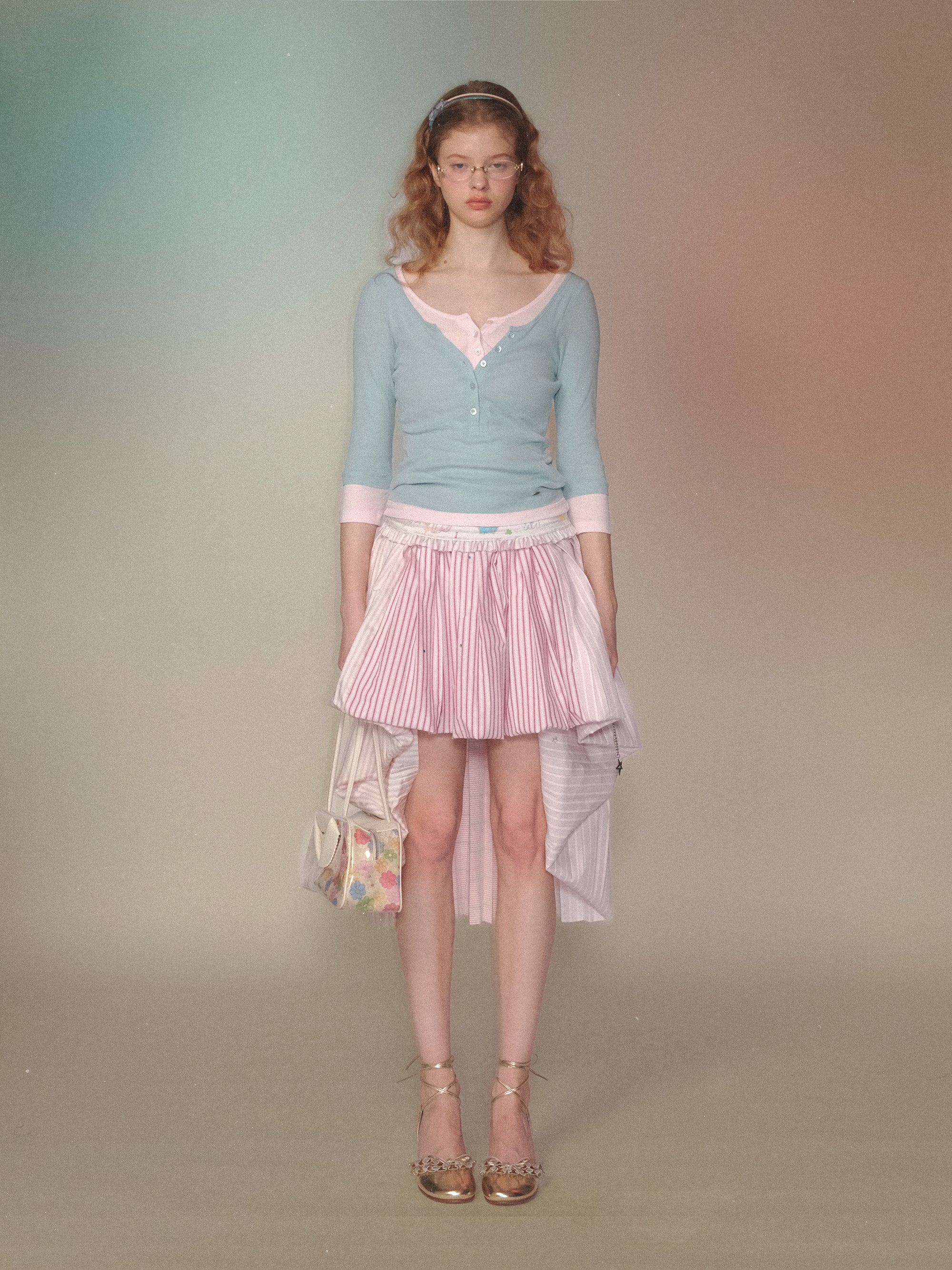 *Hand-painted elastic striped tulip pleated midi skirt
