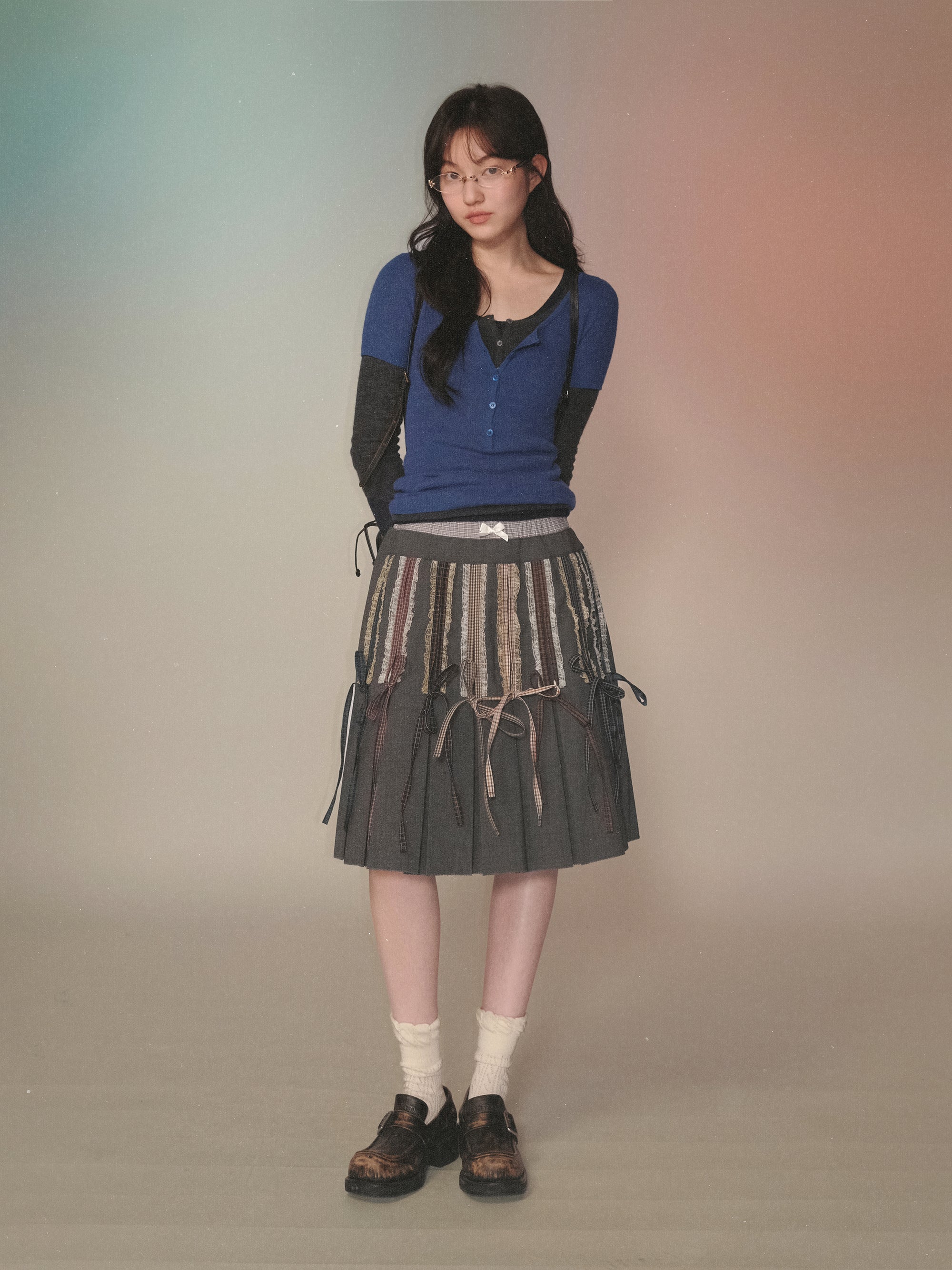 *Faux three-piece plaid patchwork lace midi skirt