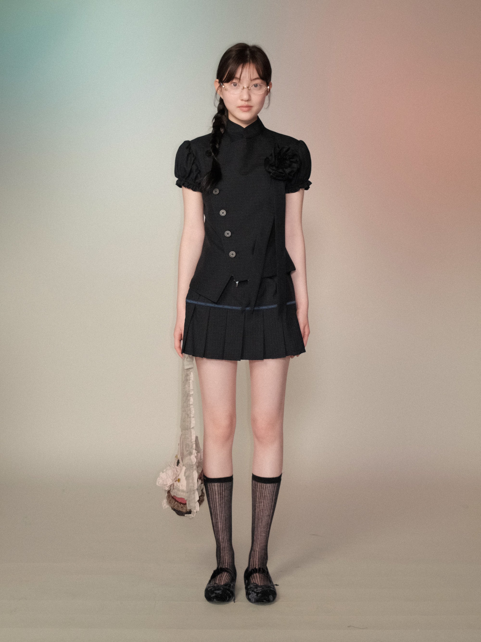 *Dark plaid diagonal placket top