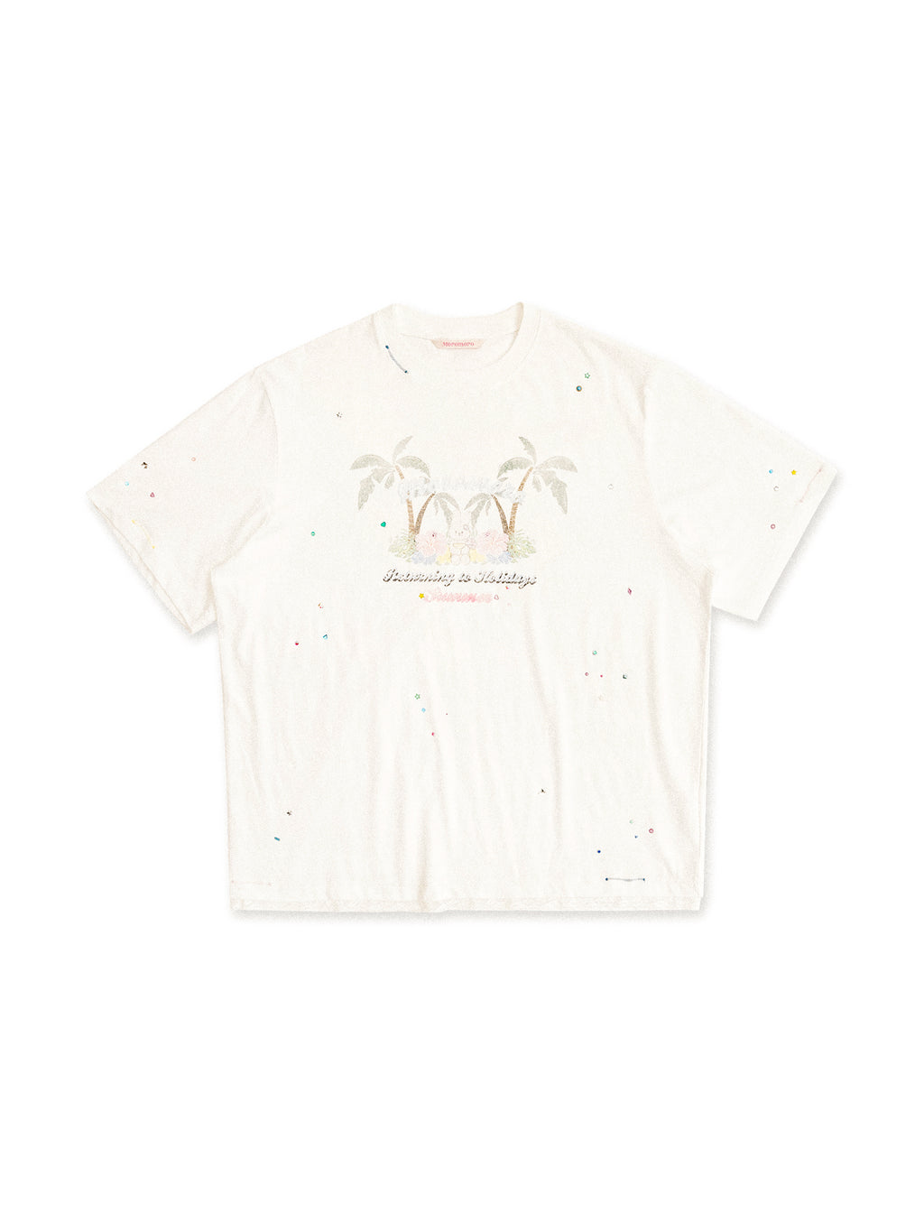 *Travel beach rabbit print rhinestone lace short T-shirt