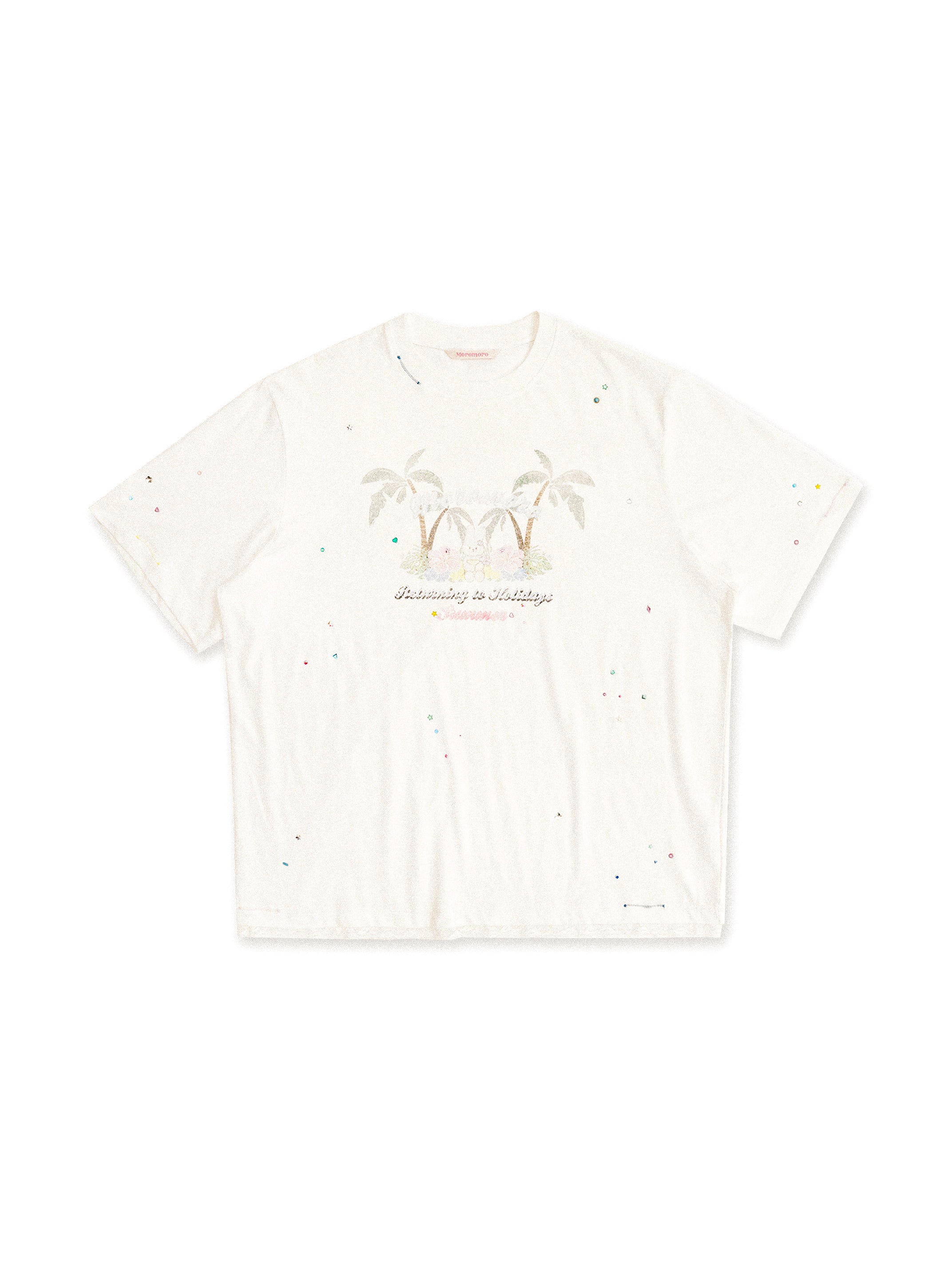 *Travel beach rabbit print rhinestone lace short T-shirt