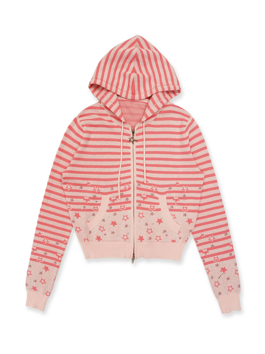 *Striped star jacquard rhinestone hooded cardigan