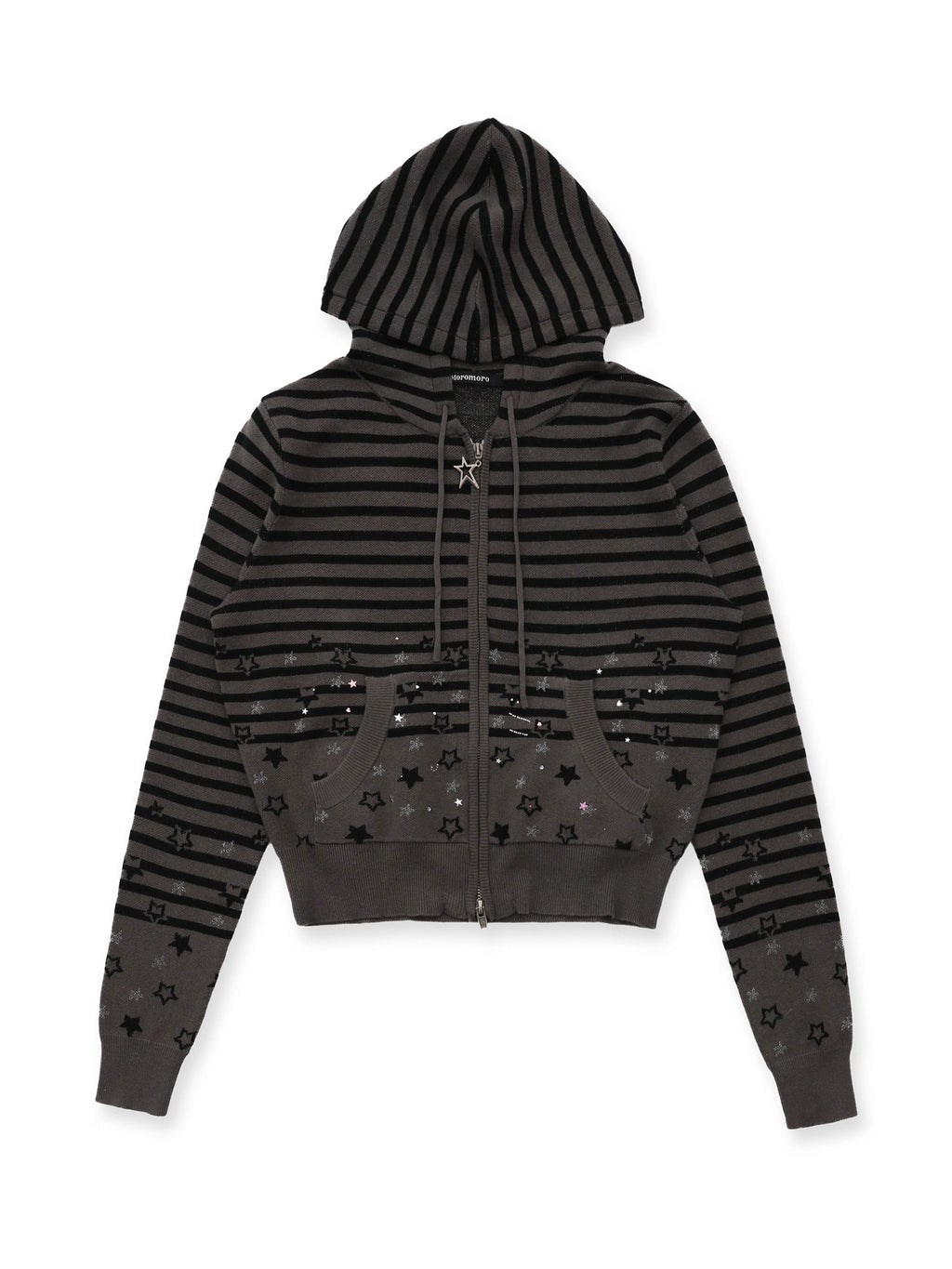 *Striped star jacquard rhinestone hooded cardigan
