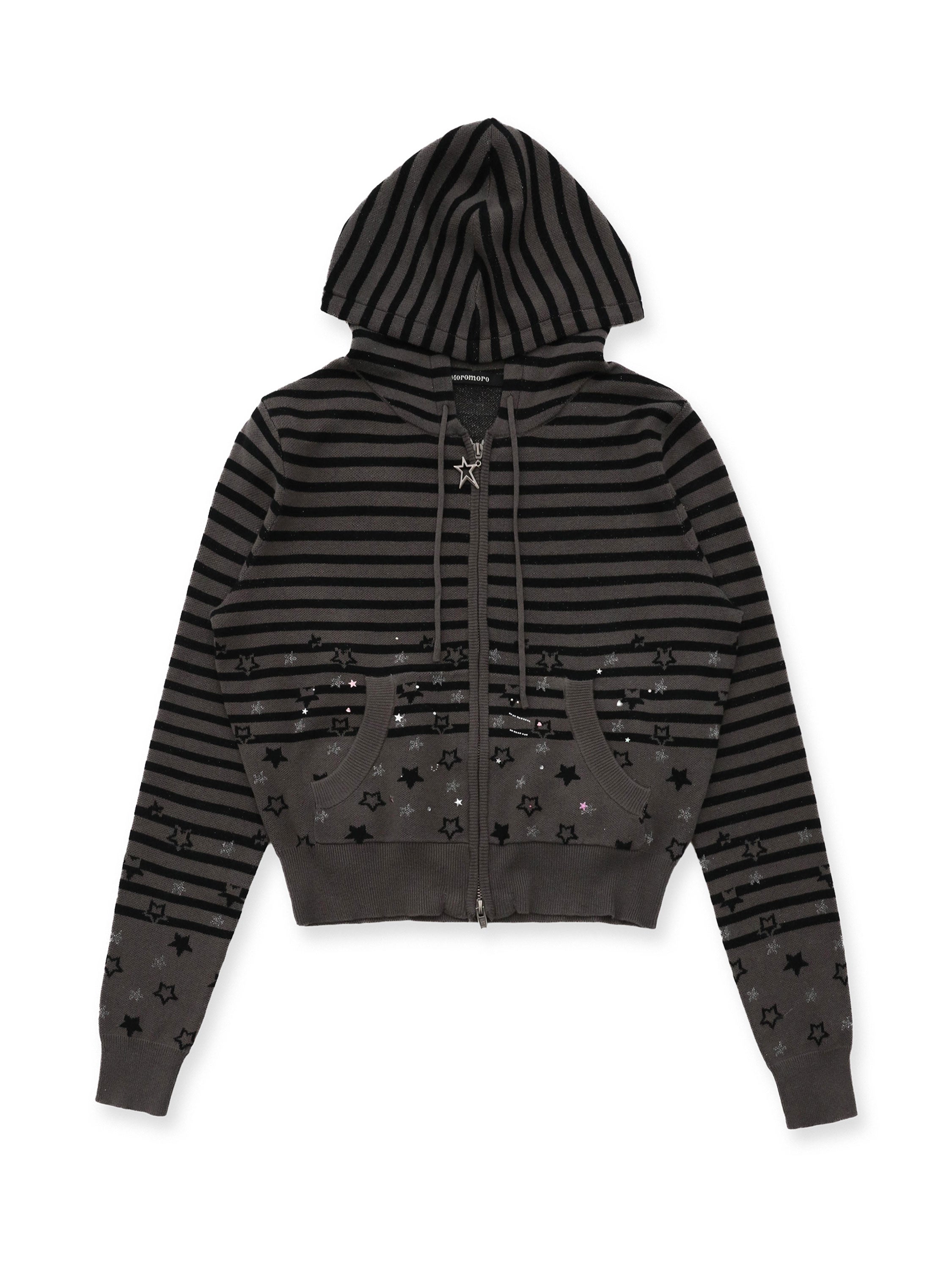 *Striped star jacquard rhinestone hooded cardigan