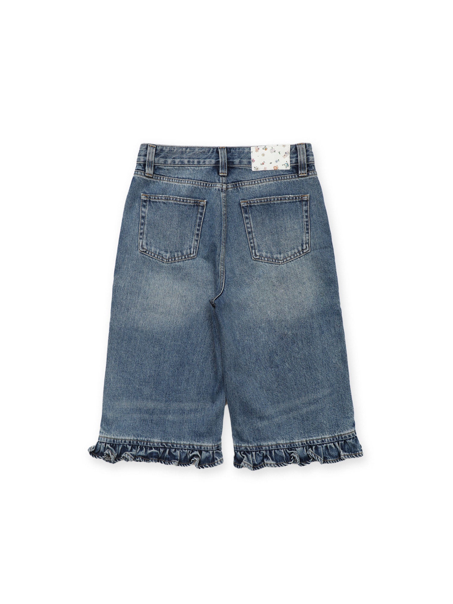 *Floral print leather patch denim shorts