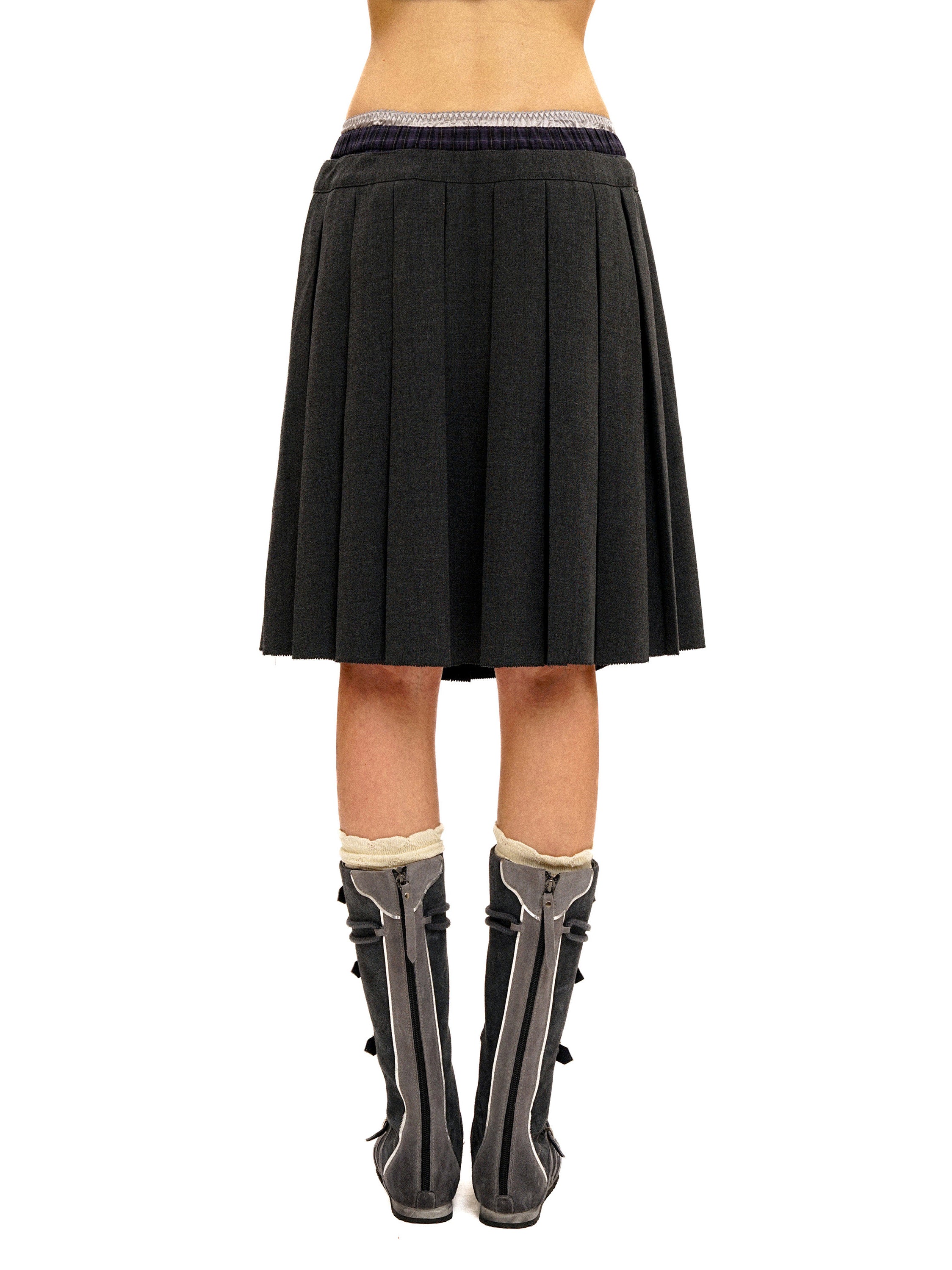 *Linen satin patchwork plaid pleated midi skirt