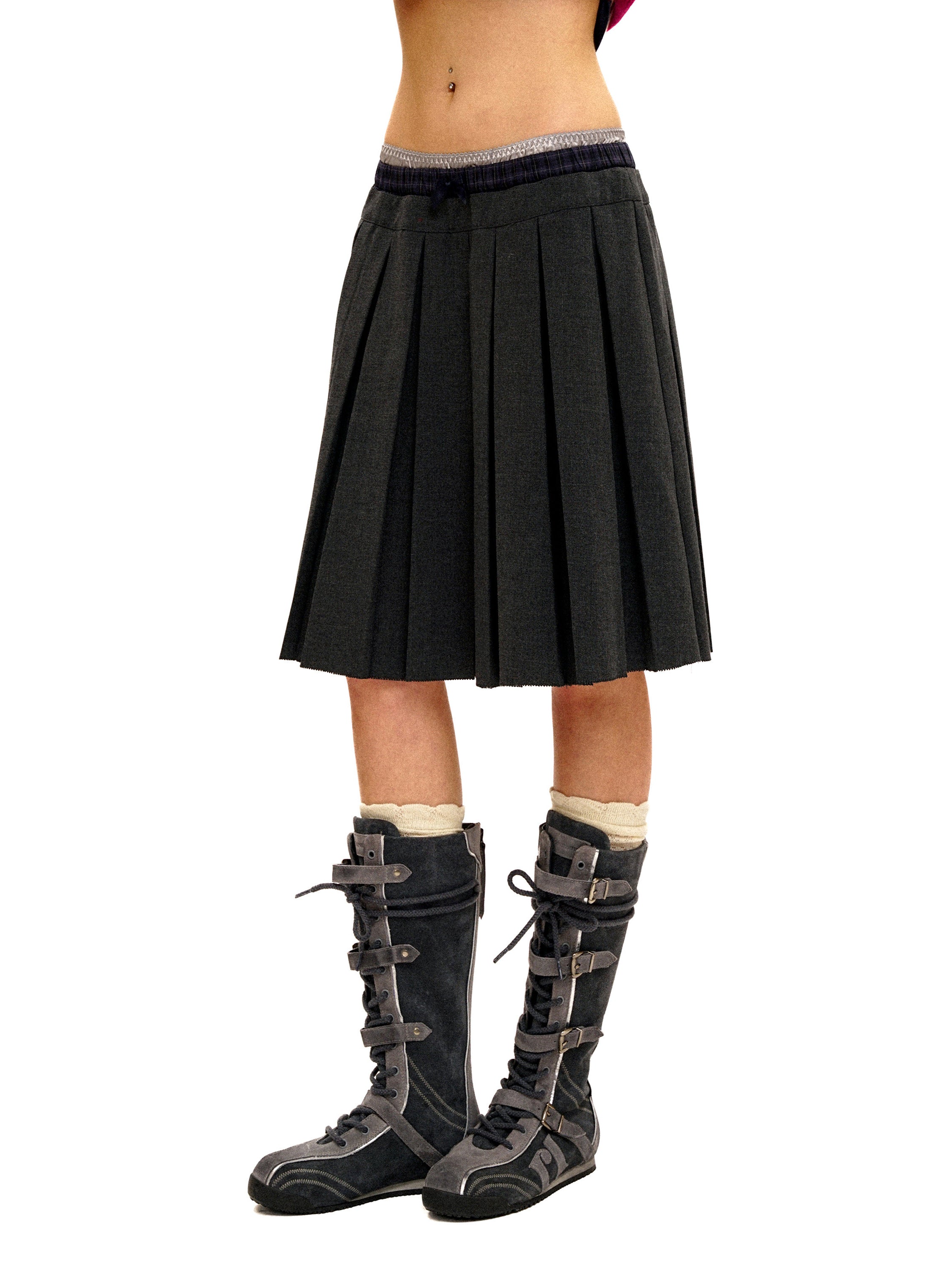 *Linen satin patchwork plaid pleated midi skirt