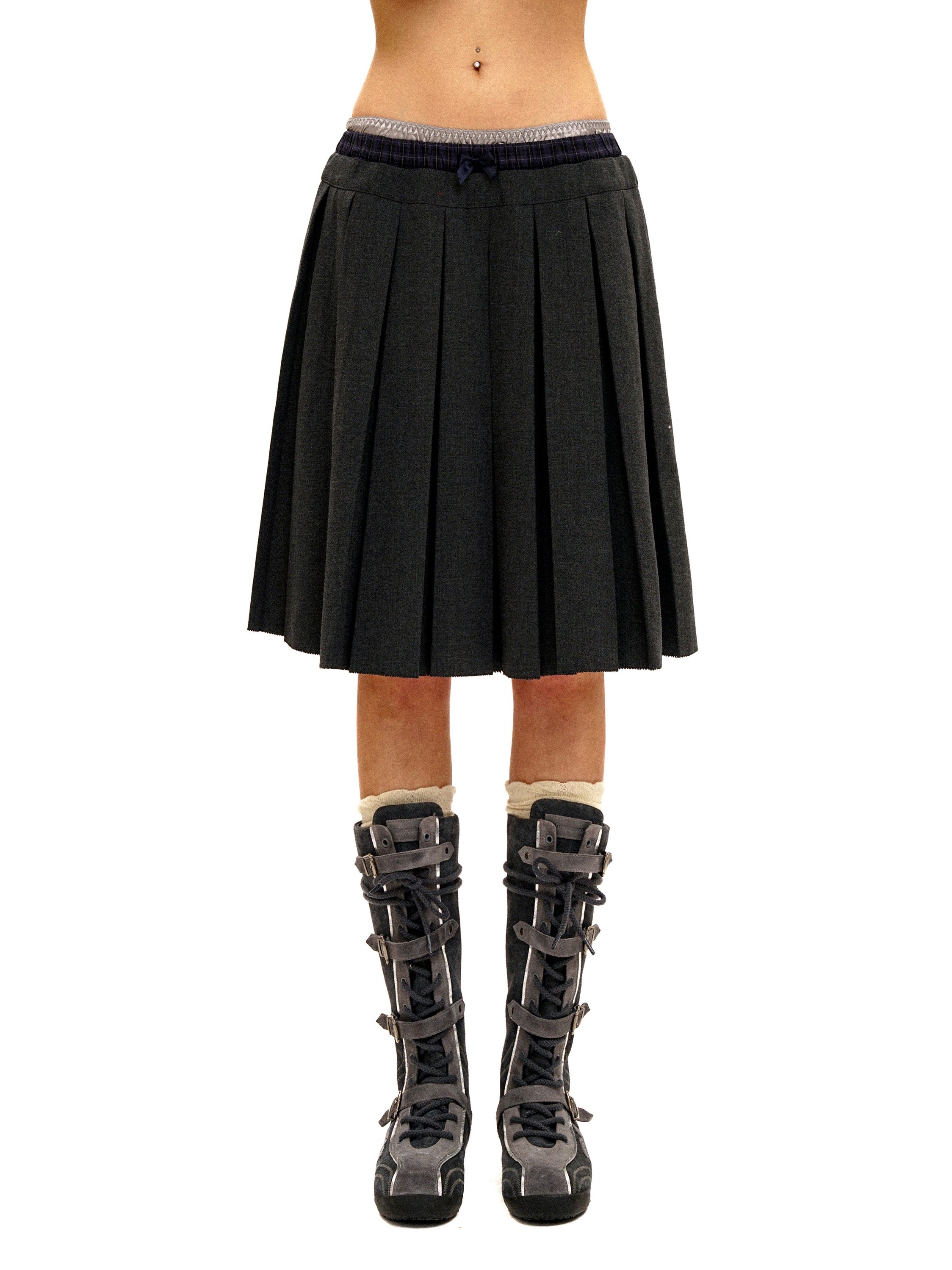 *Linen satin patchwork plaid pleated midi skirt