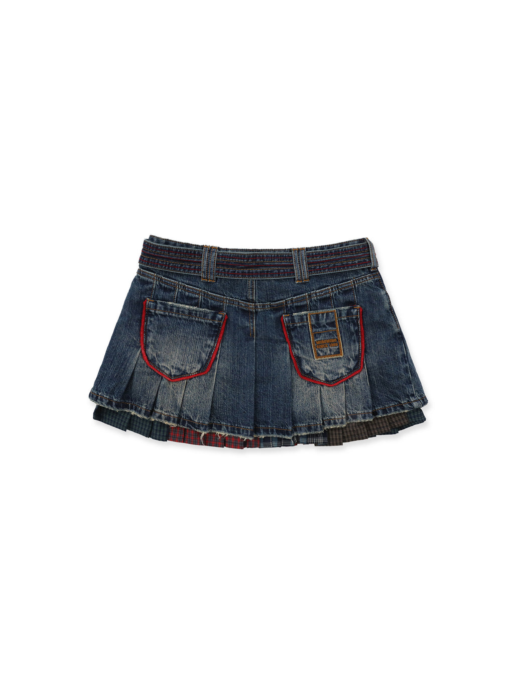 *Color-blocked plaid pleated mini skirt