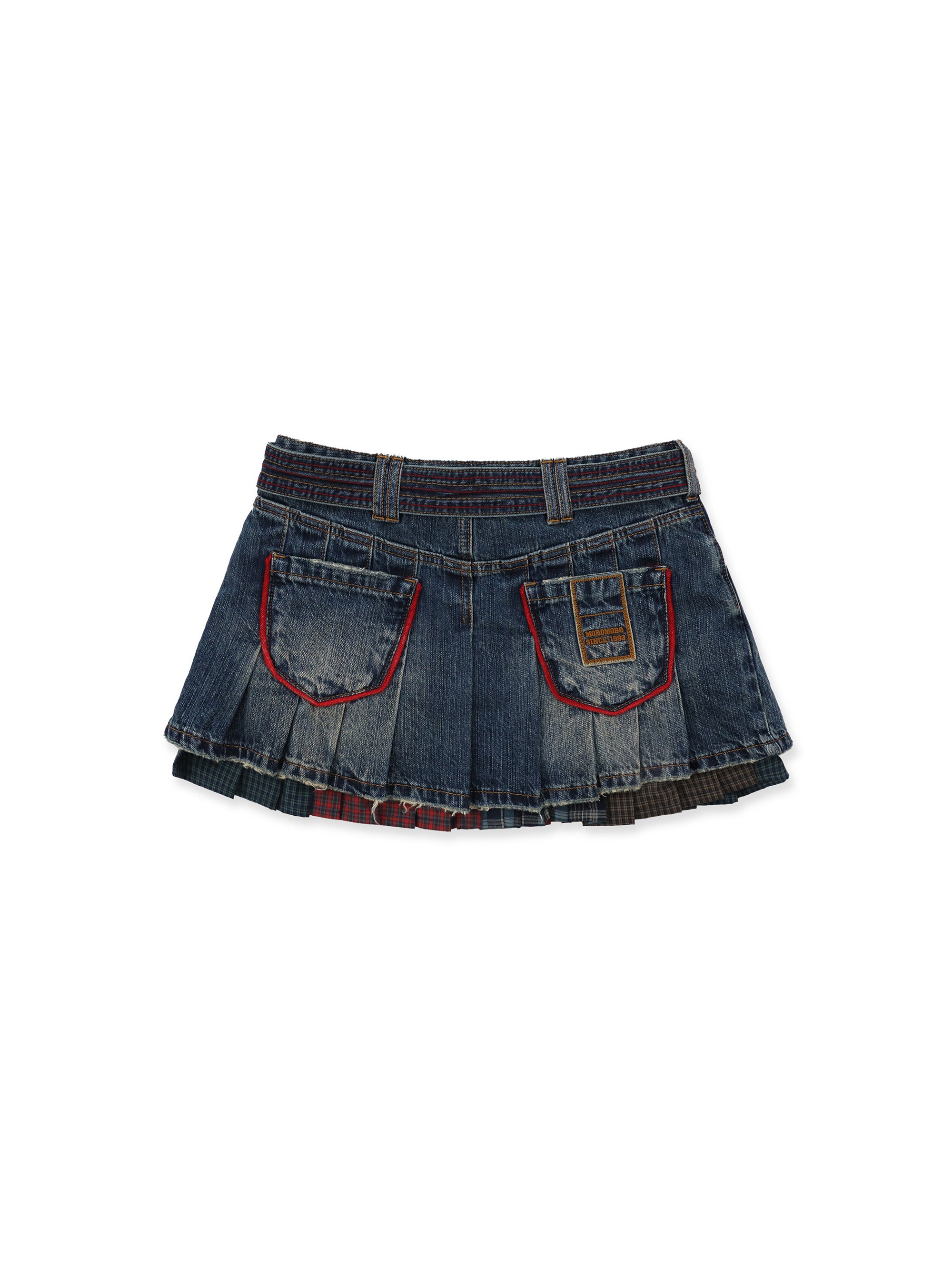*Color-blocked plaid pleated mini skirt