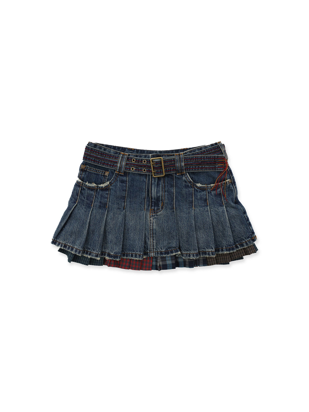 *Color-blocked plaid pleated mini skirt