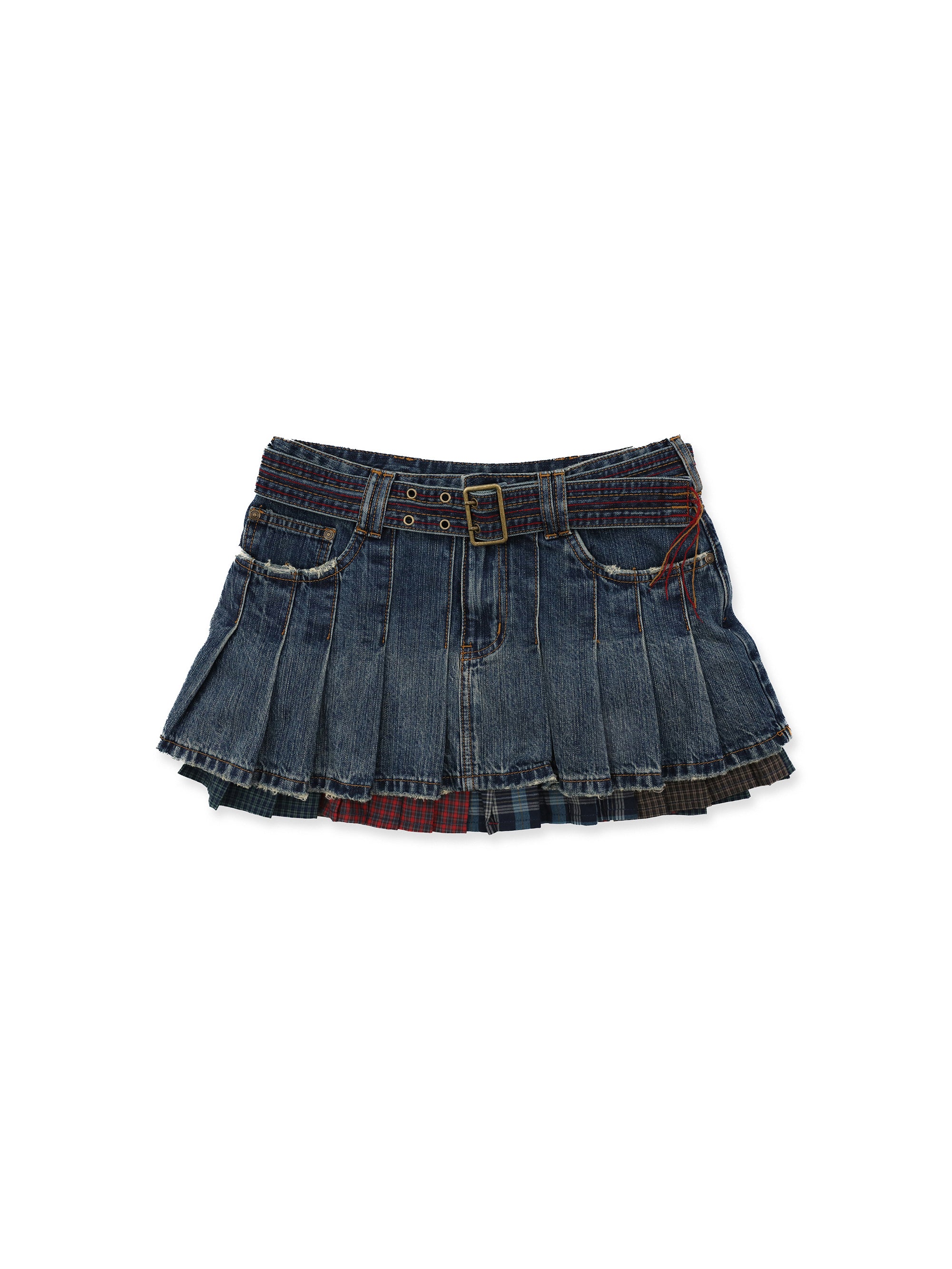 *Color-blocked plaid pleated mini skirt