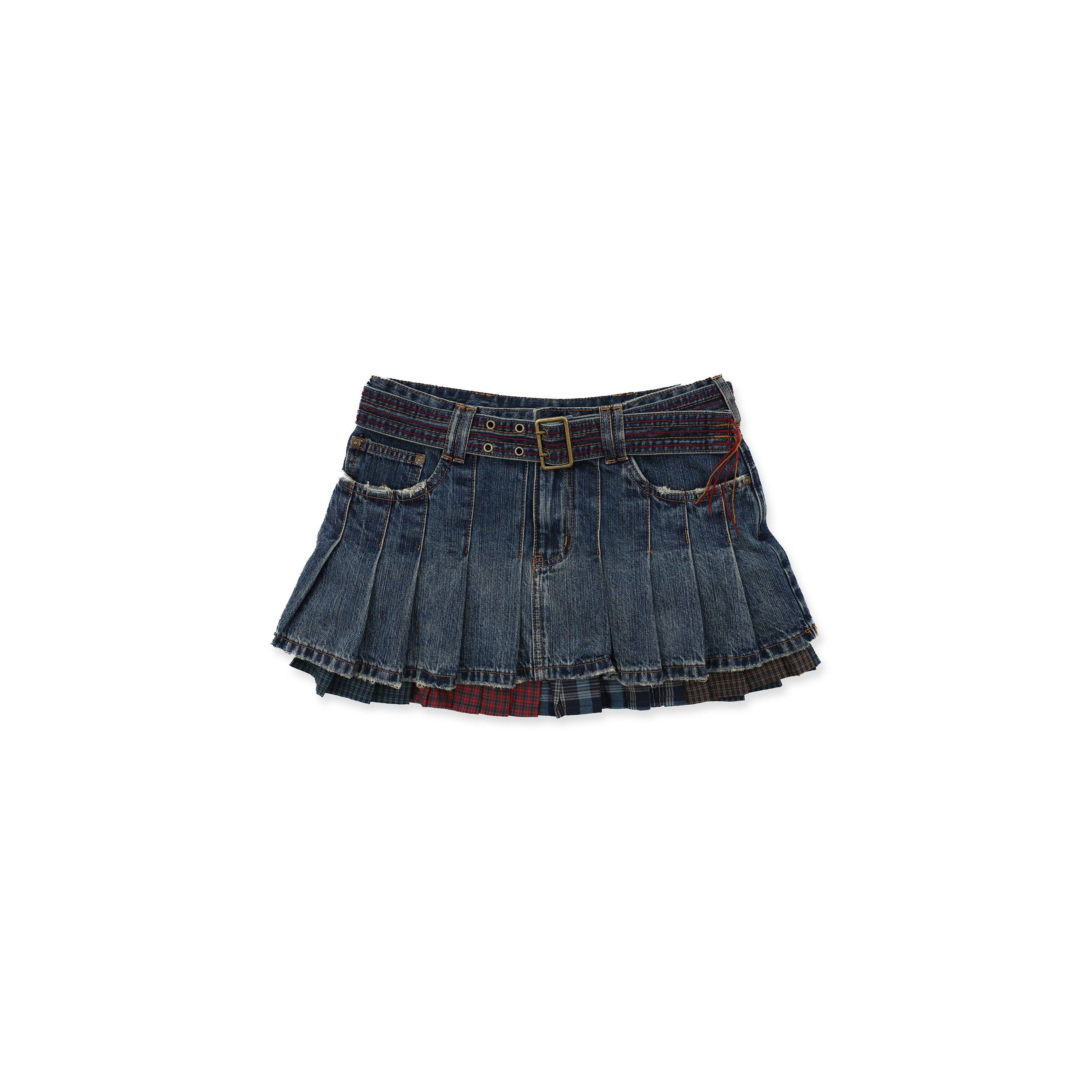 *Color-blocked plaid pleated mini skirt