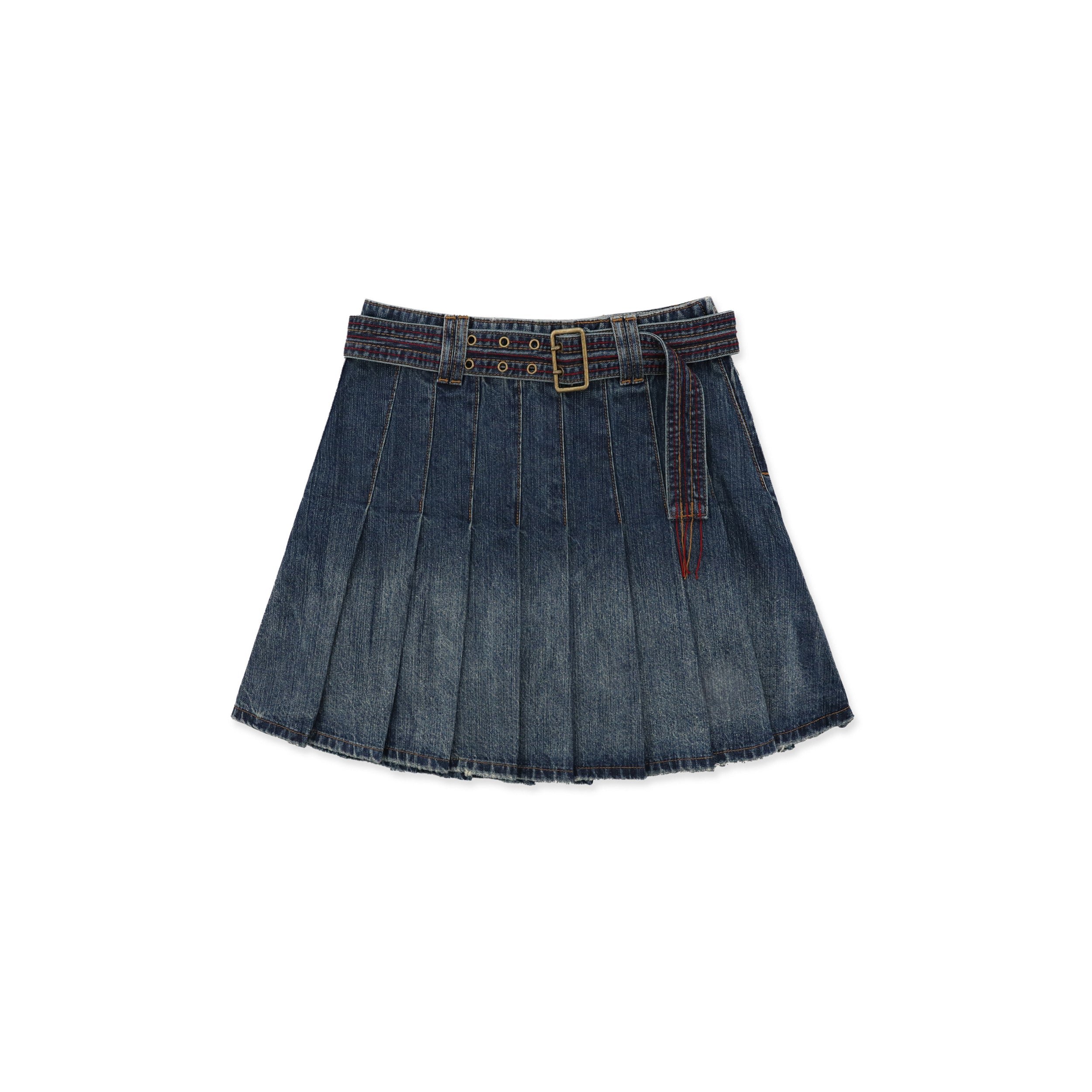 *Colorful chain-belted denim pleated skirt