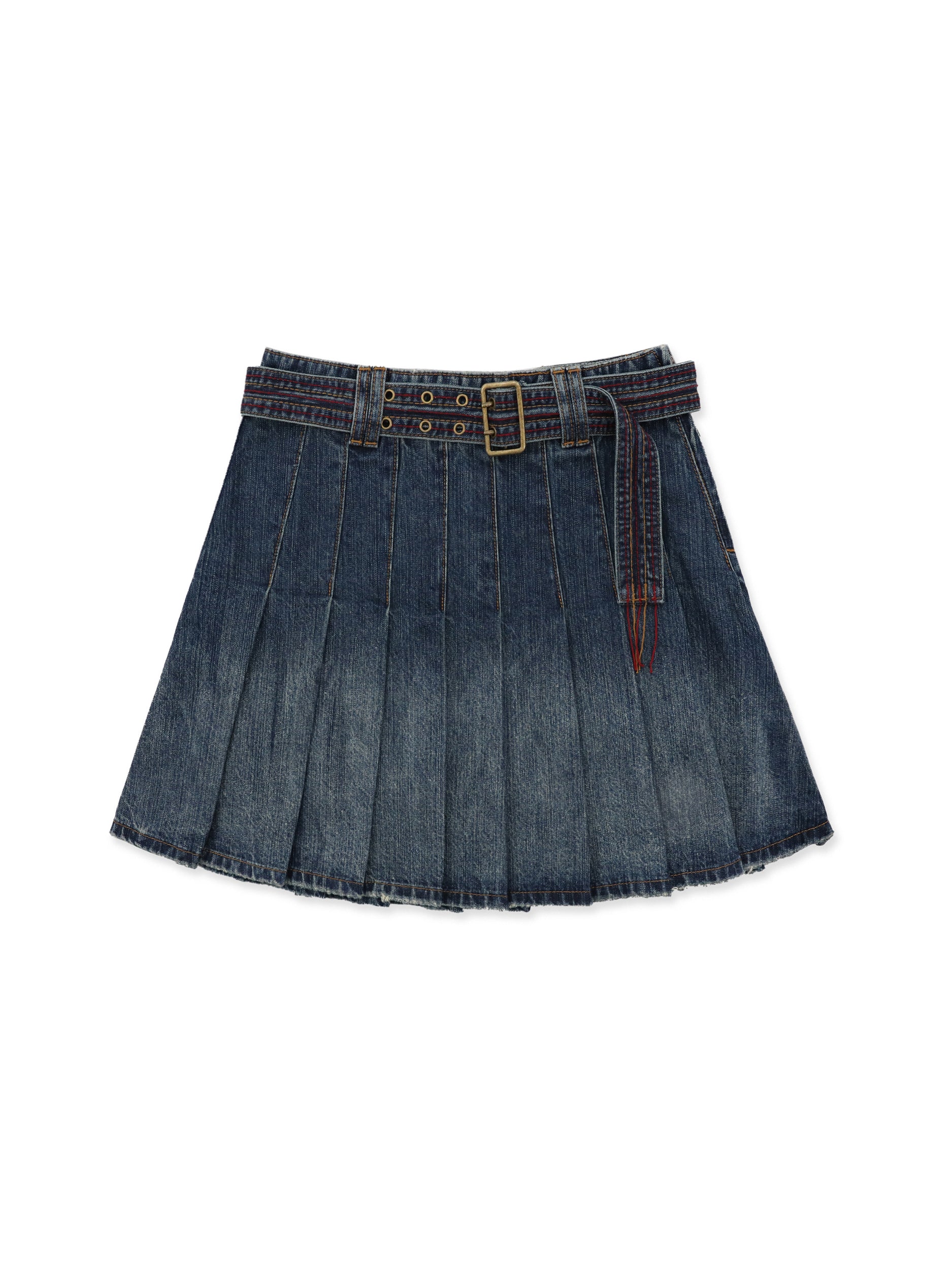 *Colorful chain-belted denim pleated skirt