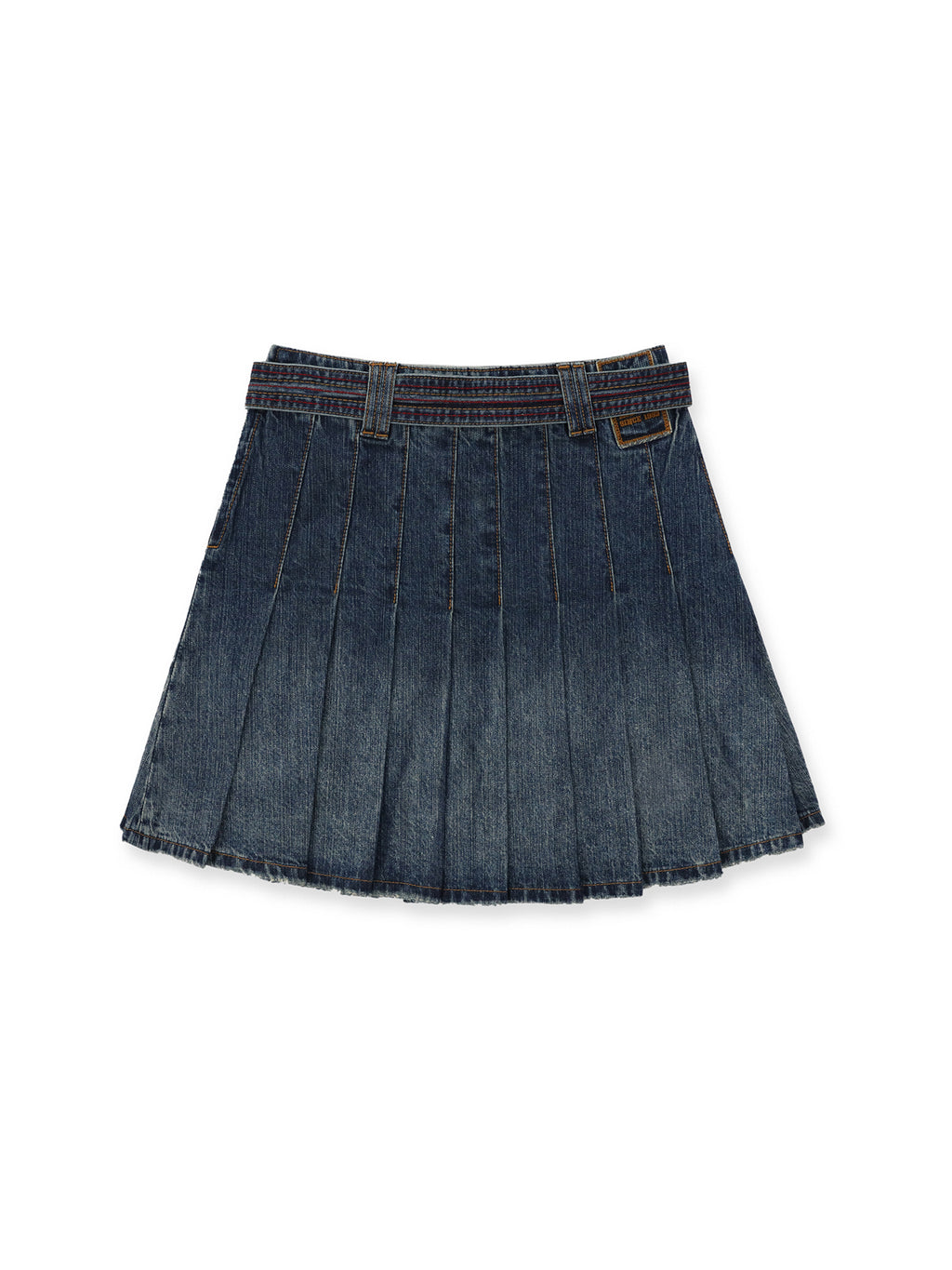 *Colorful chain-belted denim pleated skirt