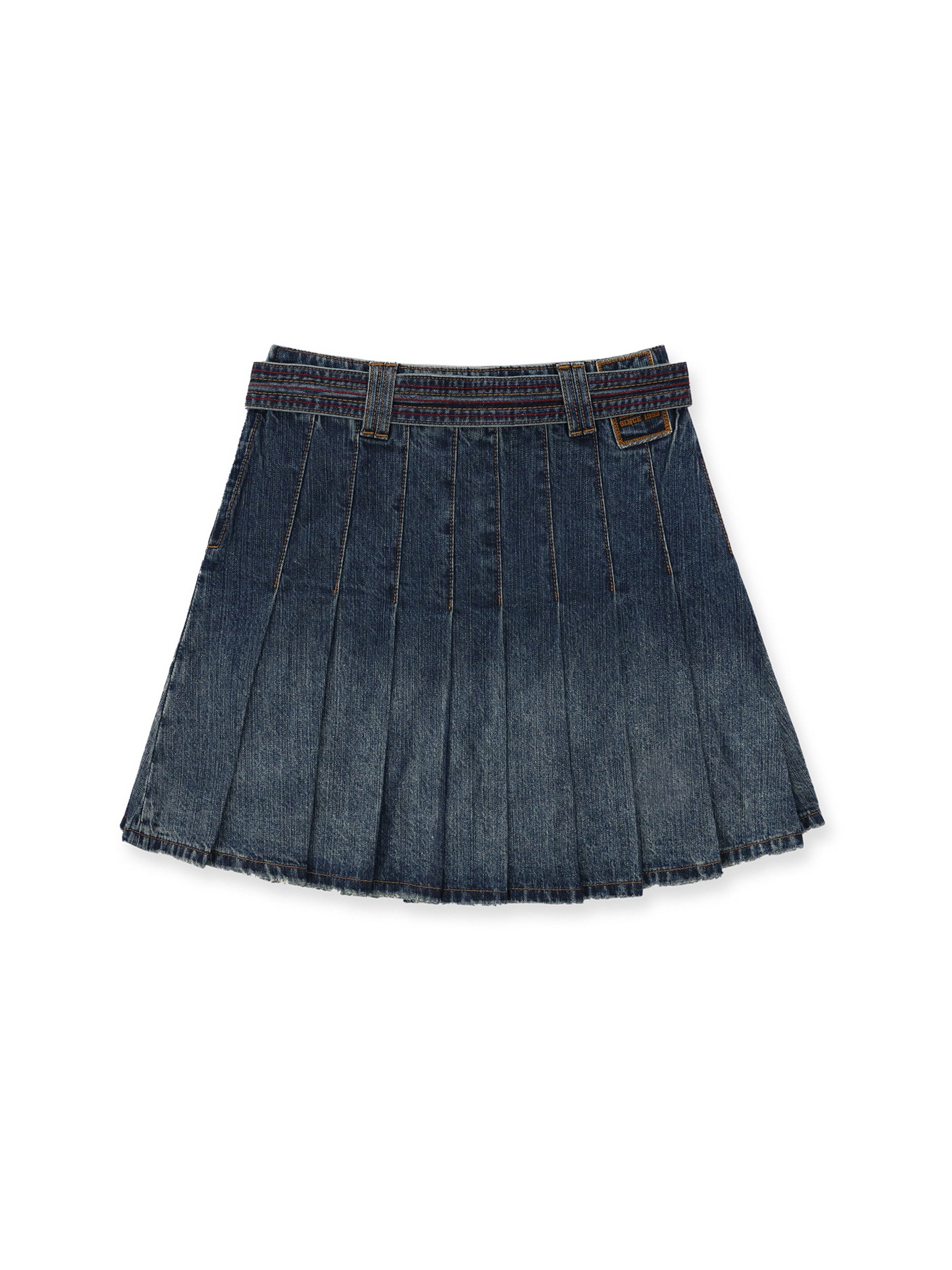 *Colorful chain-belted denim pleated skirt