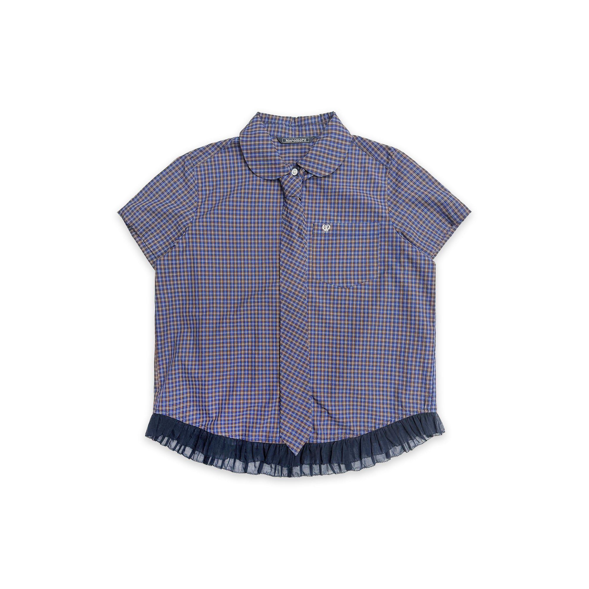 Vintage Plaid Dog Collar Hem Lace Short Sleeve Shirt
