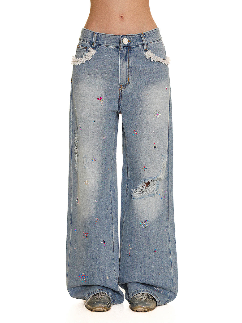 *Lace-trimmed rhinestone jeans