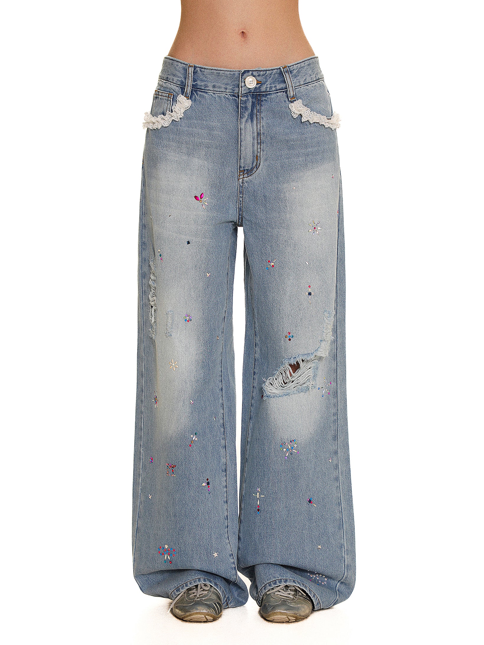 *Lace-trimmed rhinestone jeans