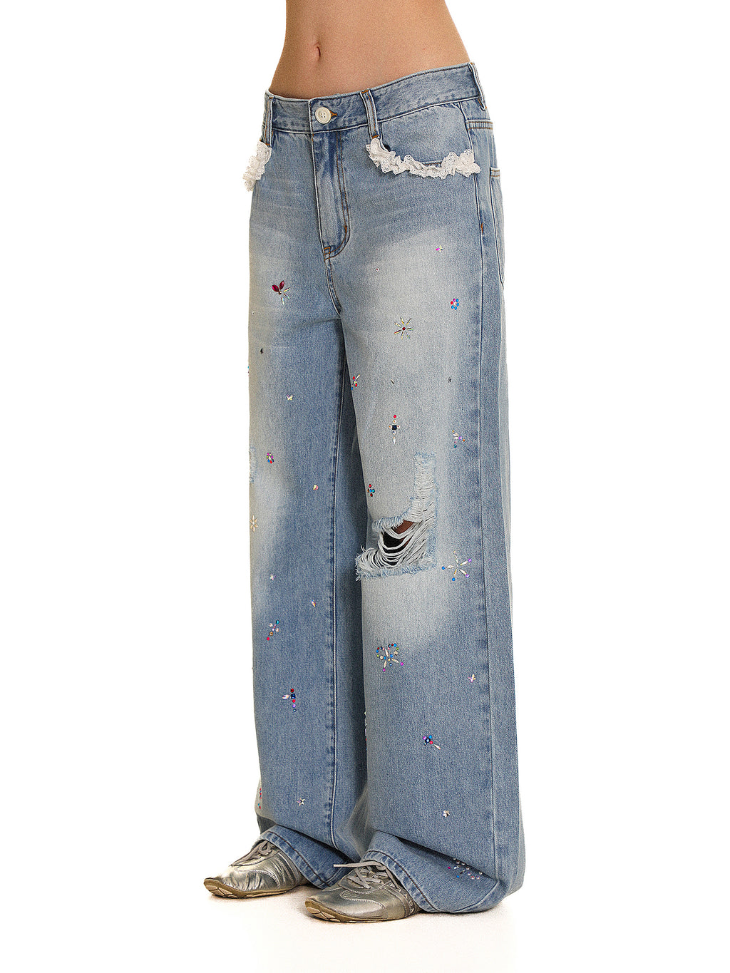 *Lace-trimmed rhinestone jeans