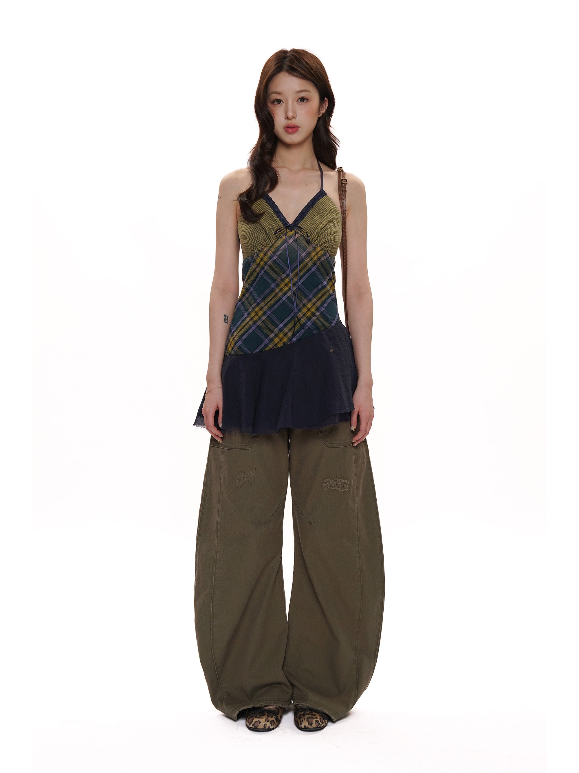 *Plaid patchwork mesh skirt