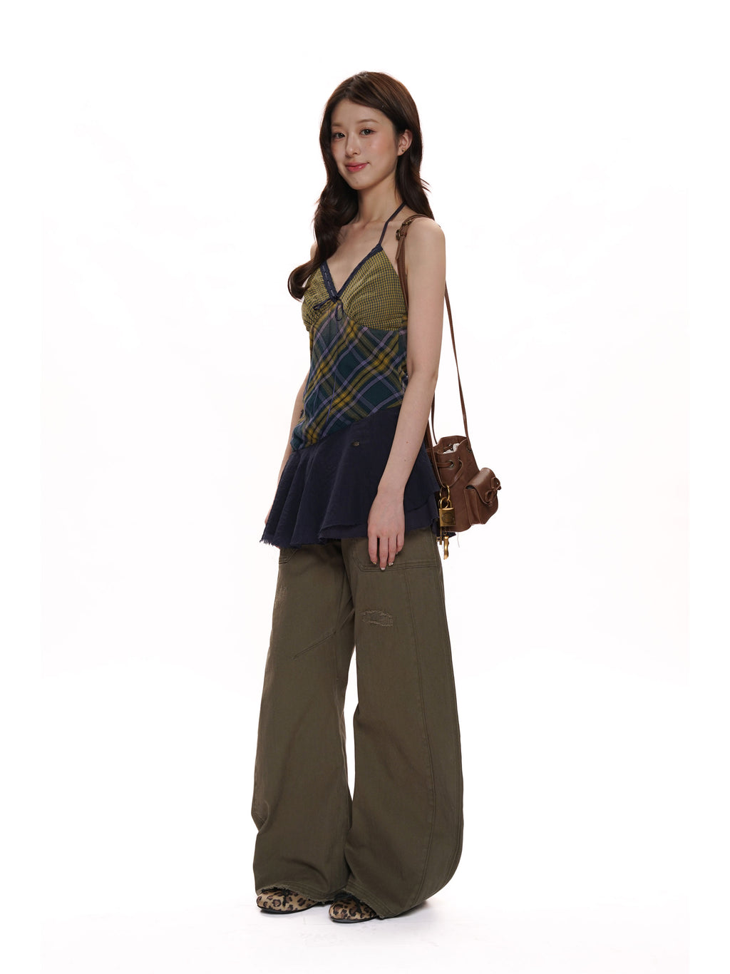 *Plaid patchwork mesh skirt